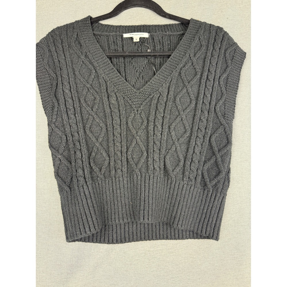 Vigoss Cable Knit Sweater Vest V-Neck Cropped Sleeveless Knit Small Black
